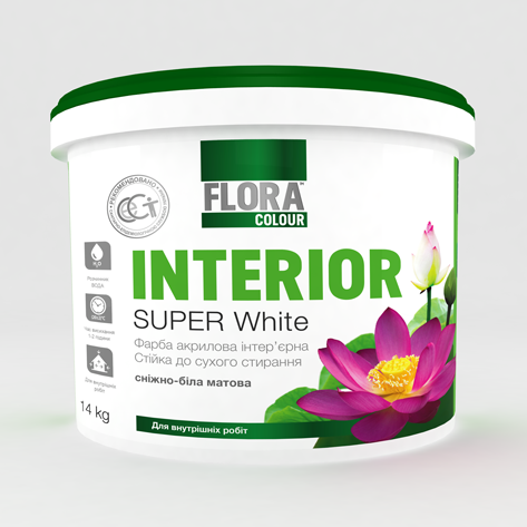 Фарба акрилова, інтер'єрна стійка сухого стирання FLORA COLOR, мат білий, 14 кг